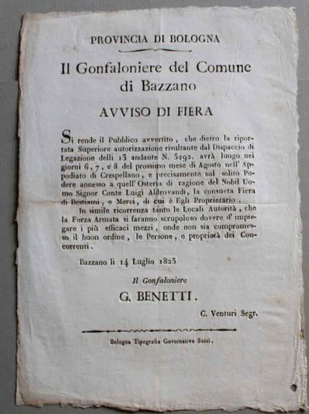 Provincia di Bologna. Il Gonfaloniere del Comune di Bazzano. Avviso …