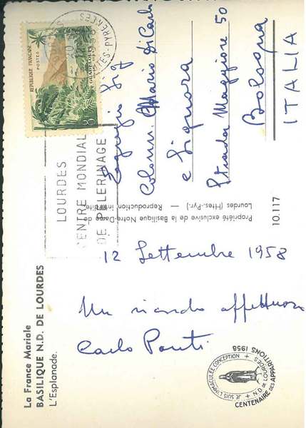 Cartolina postale illustrata con la Basilica di Lourdes, viaggiata: " …