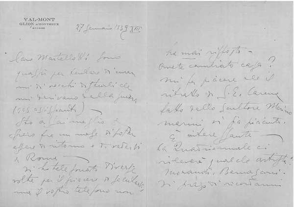 Foglio ripiegato, intestato: "Val-Mont Glion s/Montreux" e datato: "27 gennaio …