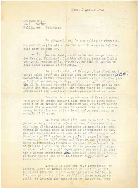 Foglio dattiloscritto, datato: Roma, 30 aprile