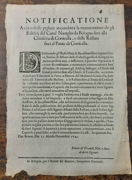 Notificazione. A chi volesse pigliare in condotta la manutentione de …