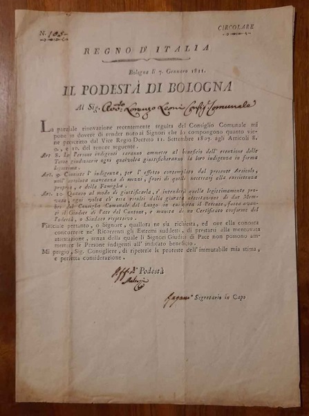 Circolare. Il Podestà di Bologna al Sig. Avv. Lorenzo Leoni, …