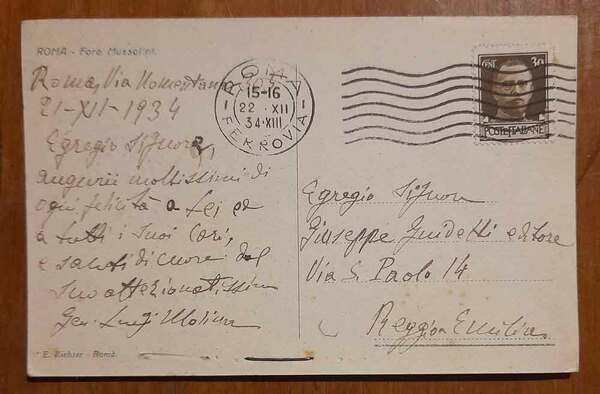 Cartolina con saluti del Generale Luigi Molina all'editore Giuseppe Guidetti