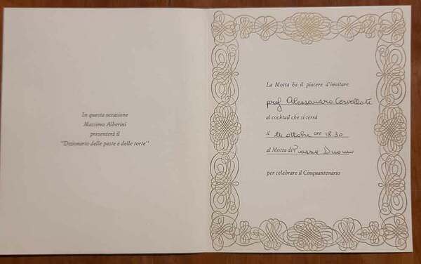 Invito ad Alessandro Cervellati per il cinquantenario della Motta, Piazza …