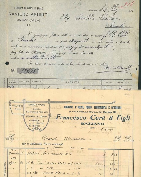Fatture di due ditte di Bazzano. Cerè e Figli, legname, …