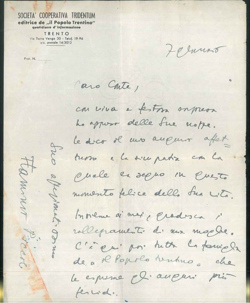 Lettera manoscritta di Flaminio Piccoli datata 7 gennaio su carta …