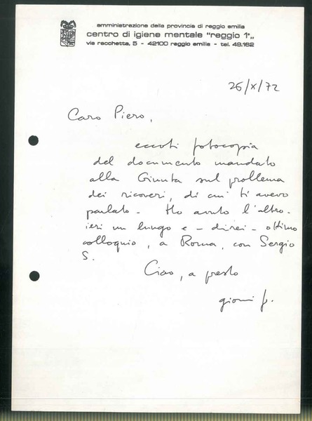 Lettera manoscritta di 9 righe datata 26/X/72 con firma autografa