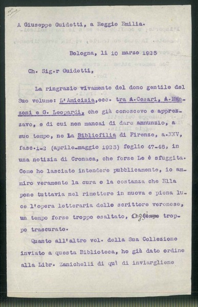 Lettera all'editore e tipografo Guidetti di Reggio Emilia in copia …