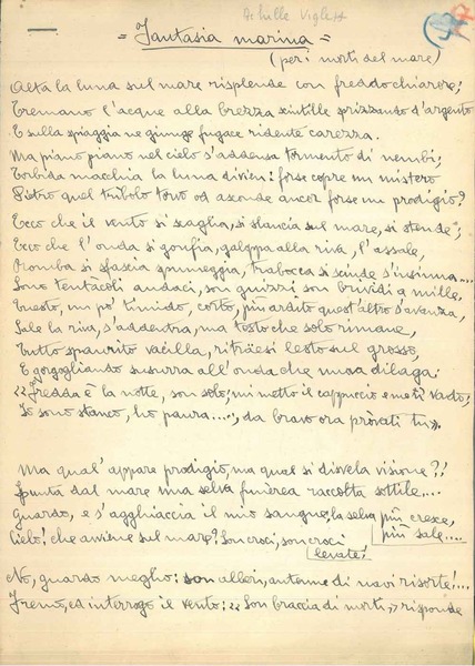 "Fantasia marina" (per i morti del mare). Manoscritto con firma …