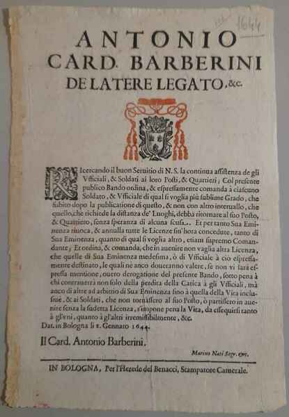 Ricercando il buon Servitio di N. S. la continua assistenza …