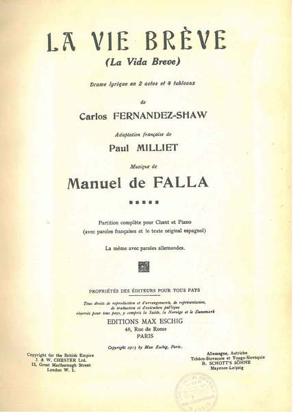 La vie brève. (La vida breve). Drame lyrique en 2 …