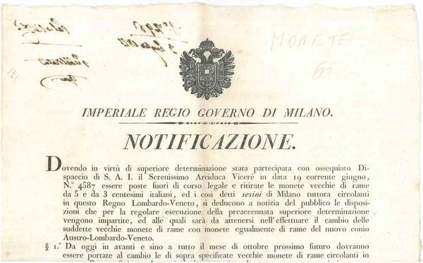 Imperiale regio Governo di Milano. Notificazione. " Dovendo in virtù …