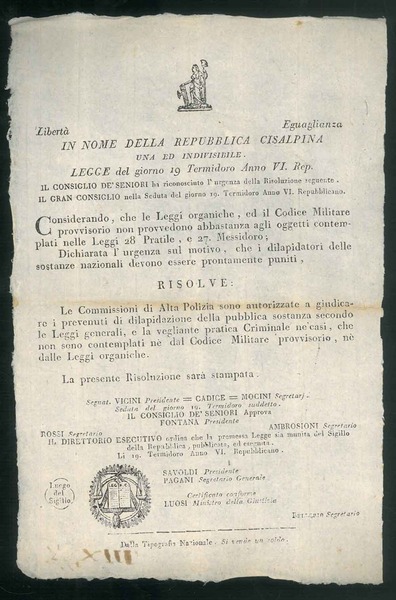 Libertà Eguaglianza. In nome della Repubblica Cisalpina. "Dichiara l'urgenza sul …