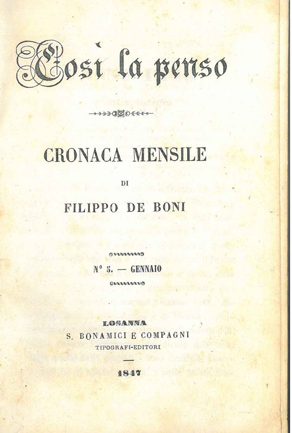 Così la penso. Cronaca mensile di Filippo De Boni. n. …