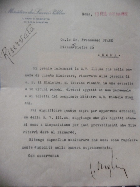 LETTERA MINISTERO LAVORI PUBBLICI AUTOGRAFATA 13 FEBBRAIO 1930