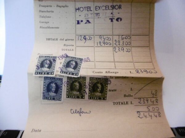 SIENA FATTURA HOTEL EXCELSIOR GENNAIO 1969