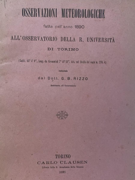 OSSERVAZIONI METEREOLOGICHE ANNO 1890 OSSERVATORIO R.UNIVERSITA DI TORINO