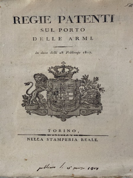 REGIE PATENTI SUL PORTO ARMI IN DATA 28 FEBBRAIO 1817 …