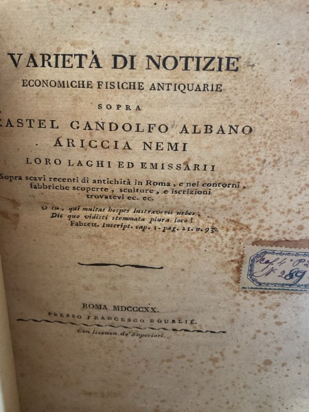 VARIETA DI NOTIZIE CASTEL GANDOLFO ALBANO ARICCIA NEMI 1820