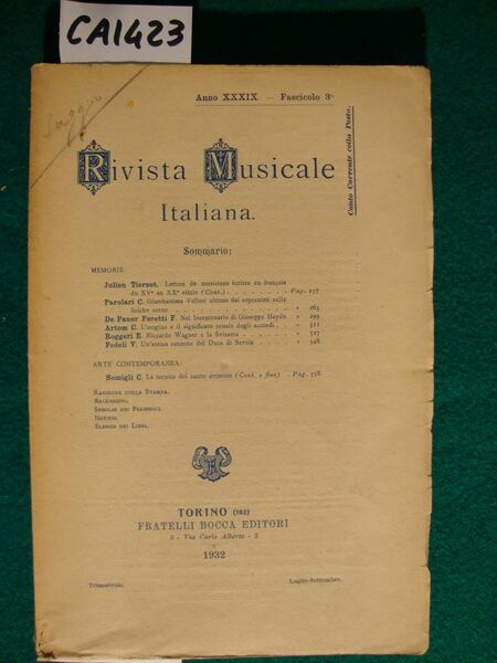 Rivista Musicale Italiana (fascicolo 3.zo anno XXXIX)