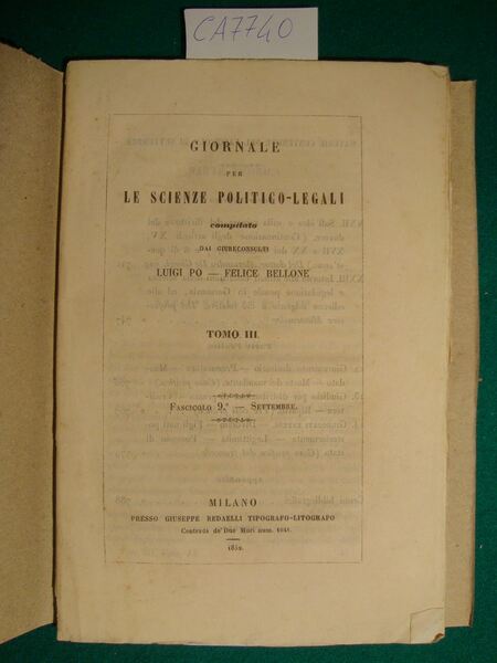 Giornale per le scienze politico-legali compilato dai giureconsulti Luigi Po …