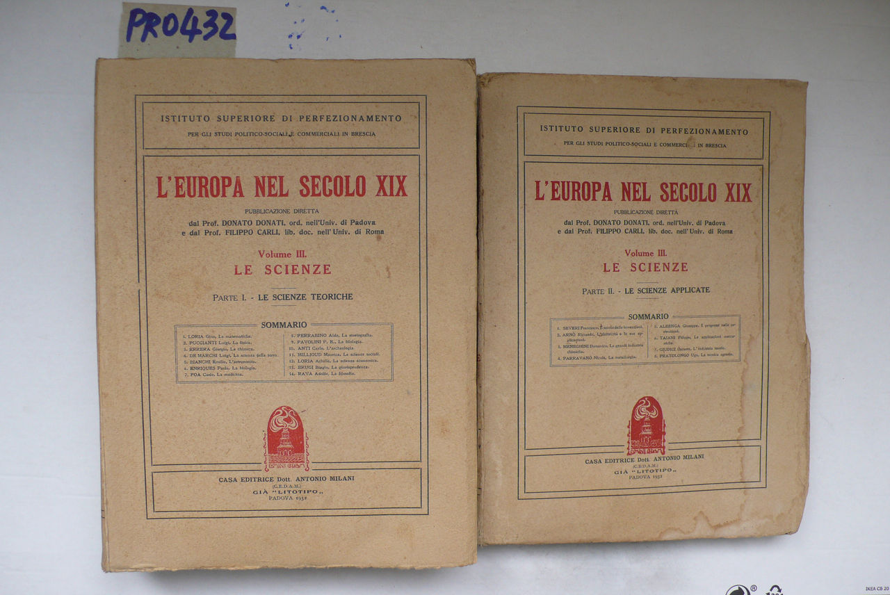 L' Europa nel secolo XIX,Volume III, Parte I Le Scienze …
