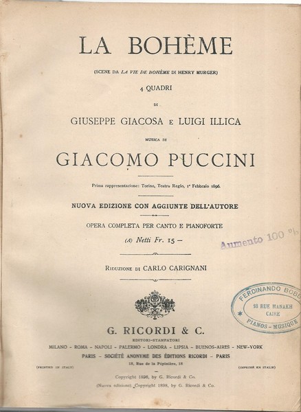 La bohème. 4 quadri di Giuseppe Giacosa e Luigi Illica …