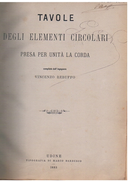 Tavole degli elementi circolari presa per unità la corda