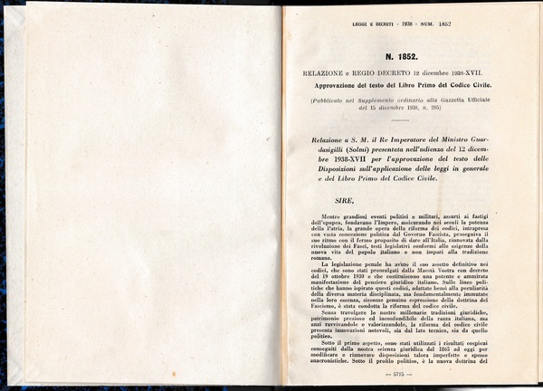 Relazione e Regio decreto 12 Dic. 1938-XVII N.1852