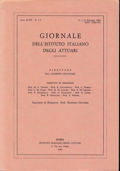 Giornale dell'Istituto Italiano degli Attuari. Anno XLVII - n. 1-2, …