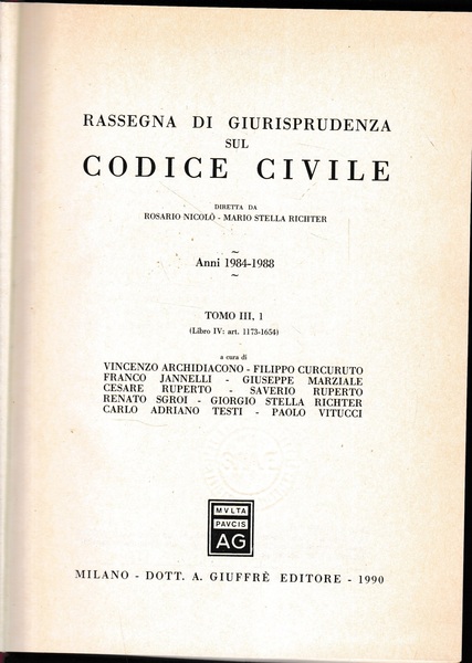 Rassegna di Giurisprudenza sul Codice Civile, anni 1984-1988, tomo 3,1 …