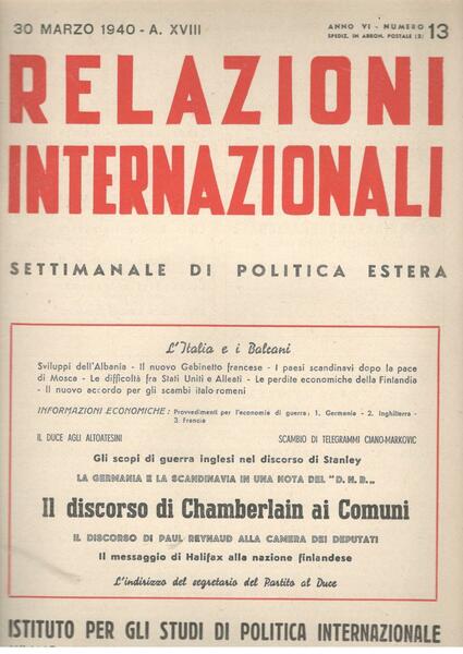 Relazioni Internazionali: settimanale di politica estera. Il discorso di Chamberlain …