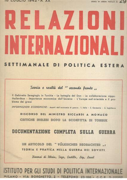 Relazioni Internazionali: settimanale di politica estera. Documentazione completa sulla guerra …