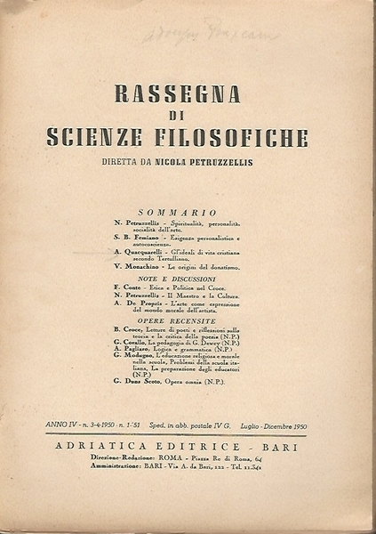 RASSEGNA DI SCIENZE FILOSOFICHE. ANNO IV N. 3-4 1950 N.1 …