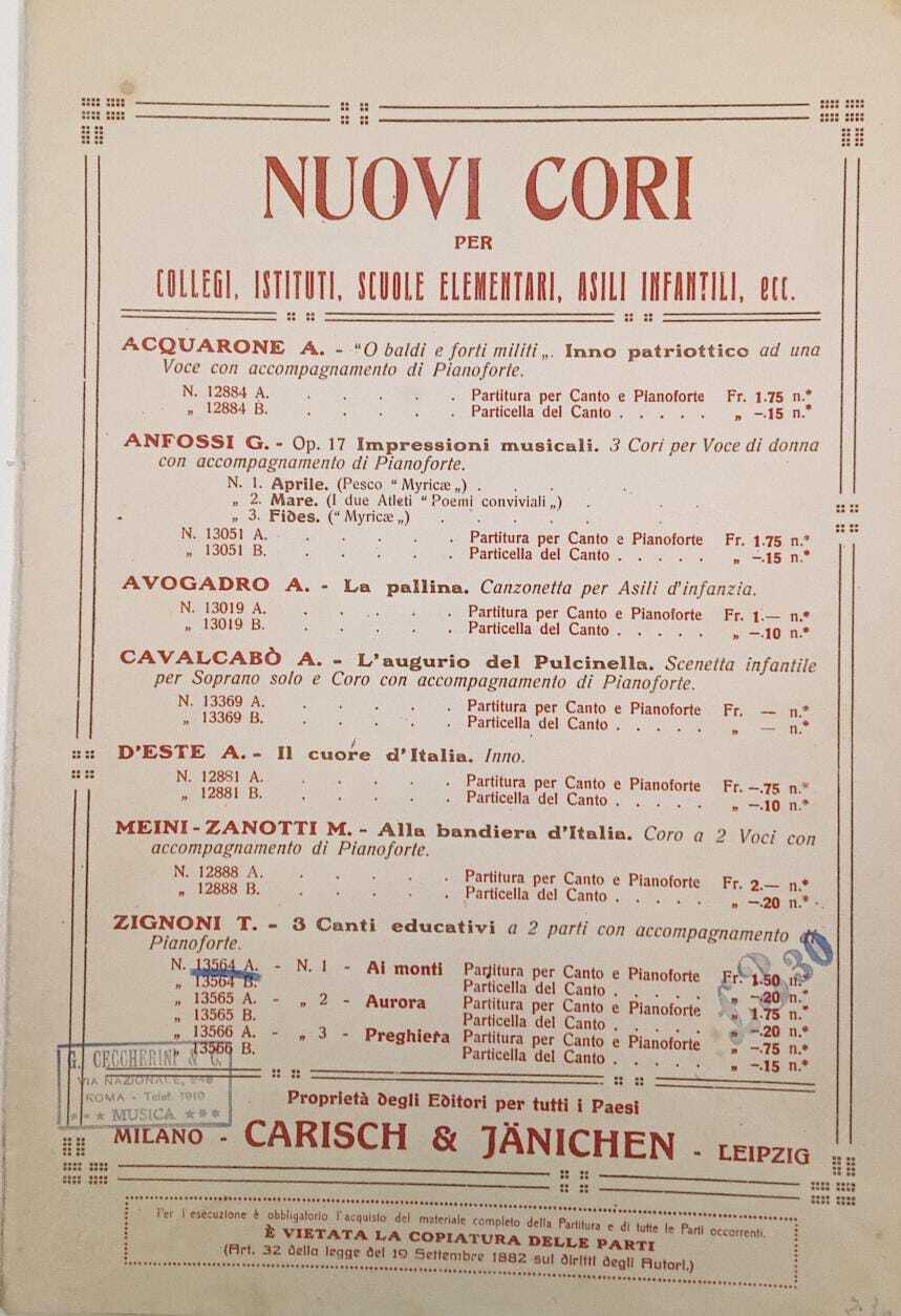 Nuovi Cori per collegi, istituti, scuole elementari, asili infantili, ecc.