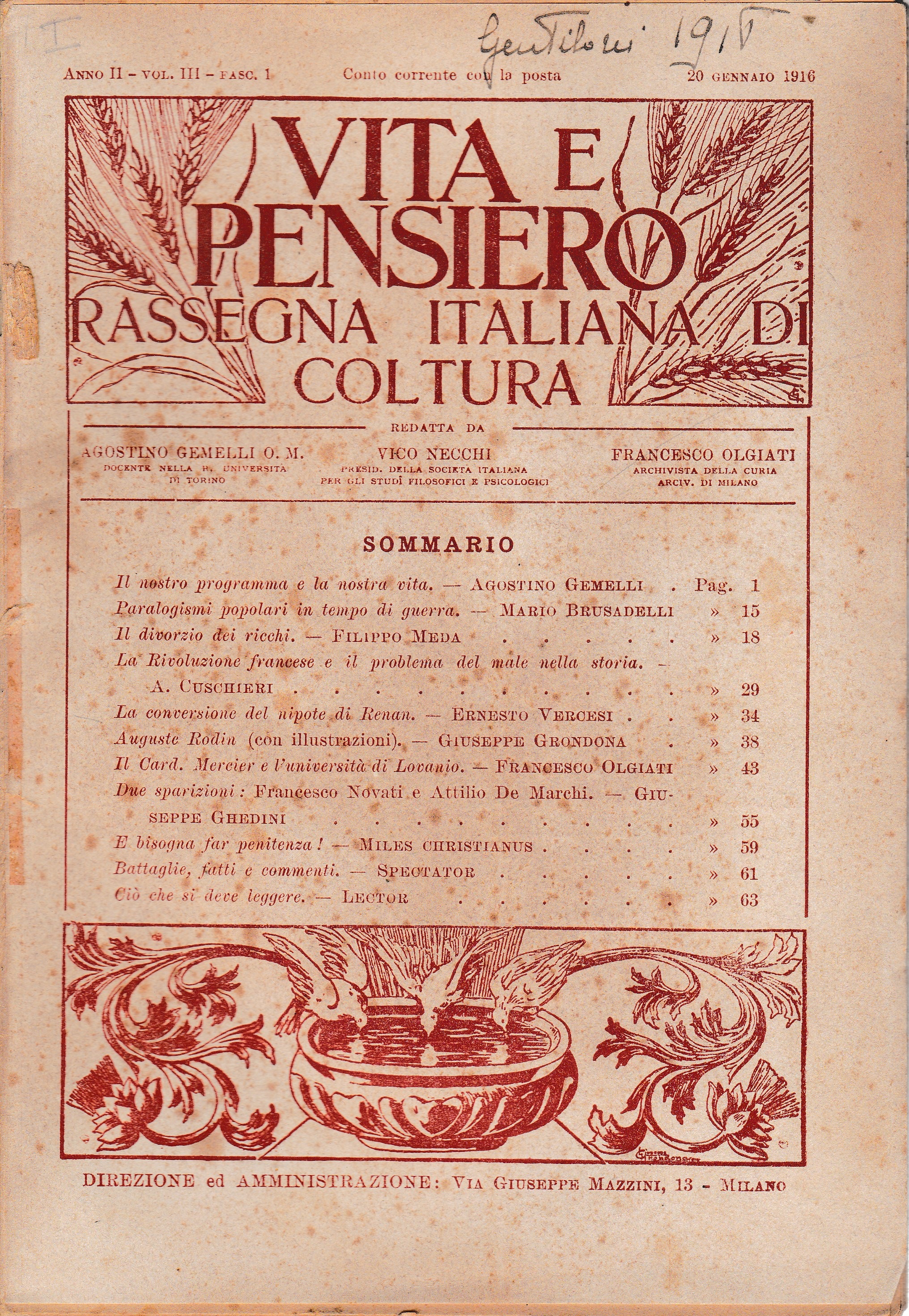 Vita e pensiero. Rassegna italiana di coltura - anno II …