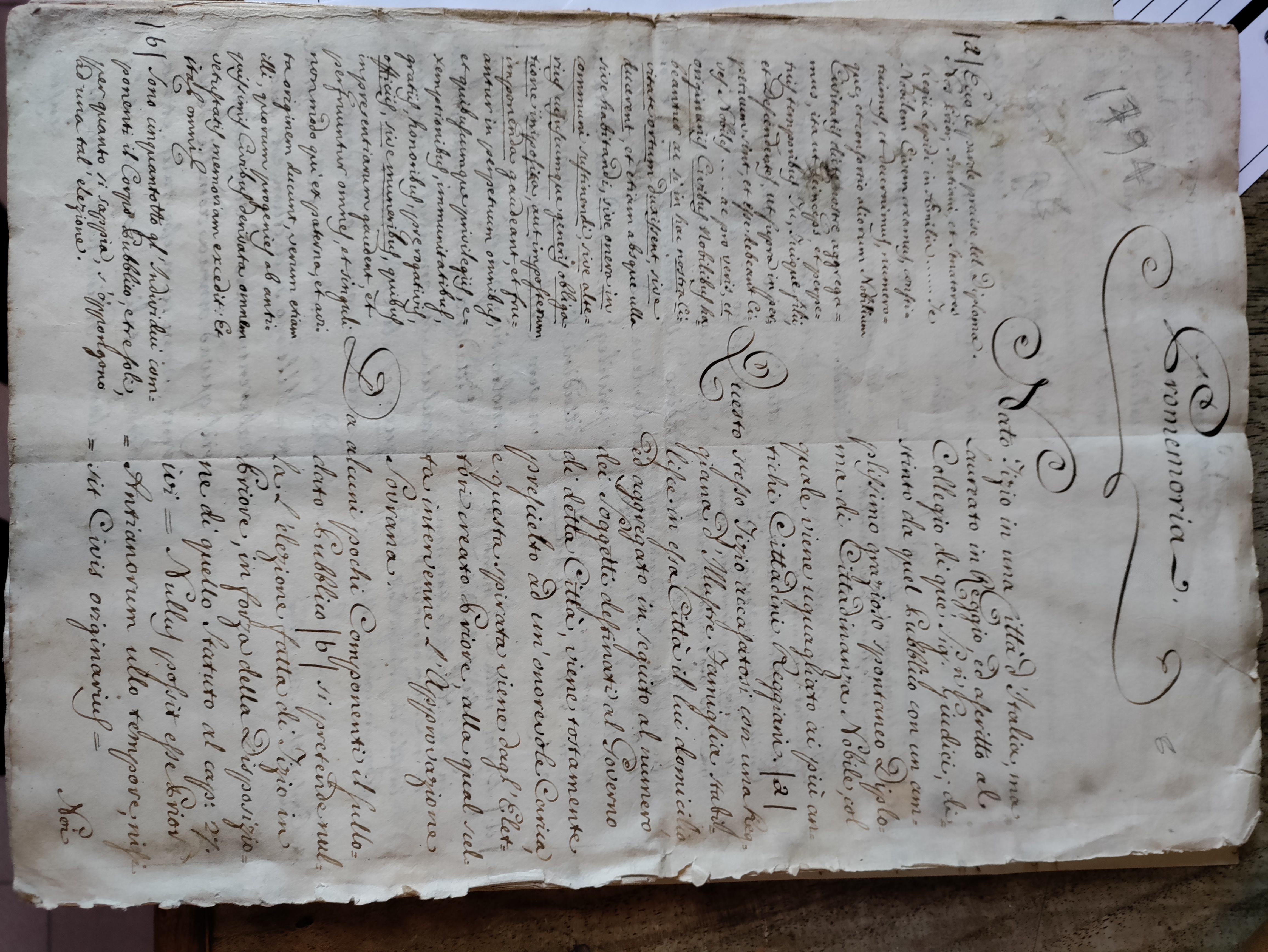 Promemoria manoscritt0 di carattere legale datato presumibilmente anno 1794. Zone …
