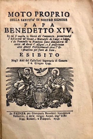 Moto proprio della Santità di Nostro Signore Papa Benedetto XIV. …