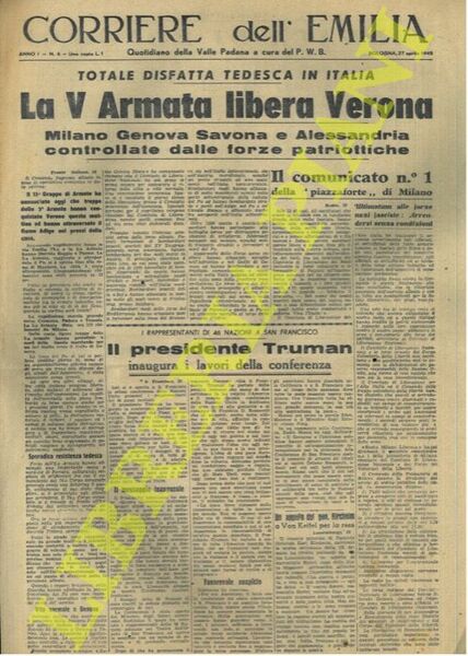 La V Armata libera Verona. Milano Genova Savona e Alessandria …