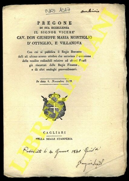 Pregone con cui si pubblica il Regio Brevetto delli 26 …