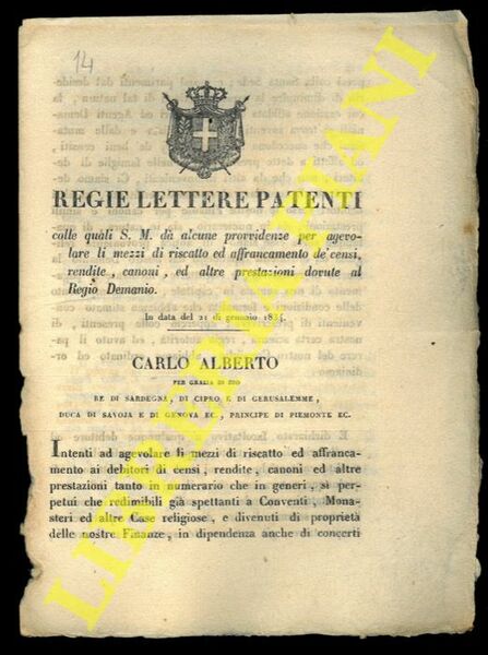 Regie Lettere e Patenti colle quali S.M. dà alcune provvidenze …