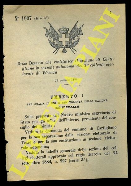 Regio Decreto che costituisce il comune di Cartigliano in sezione …