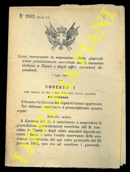 Legge concernente la sospensione della giurisdizione presentemente esercitata dal R.consolato …