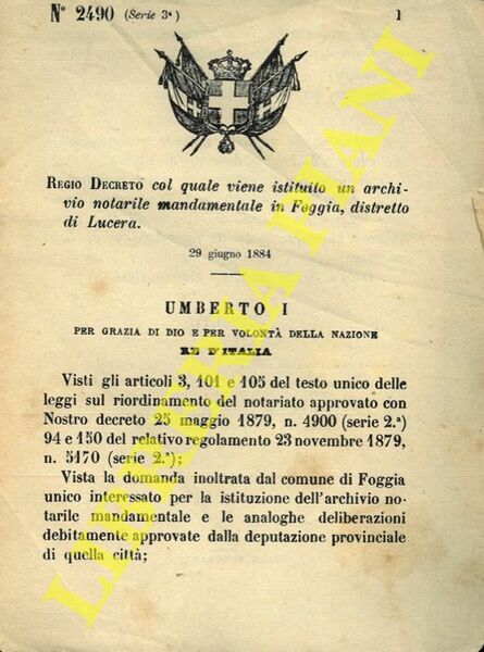 Regio Decreto col quale viene istituito un archivio notarile mandamentale …