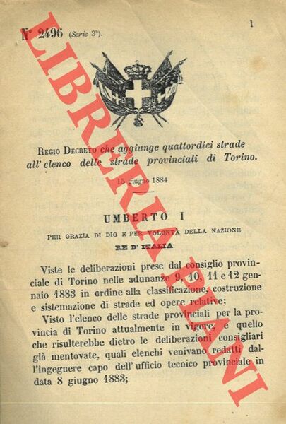 Regio Decreto che aggiunge quattordici strade all'elenco delle strade provinciali …