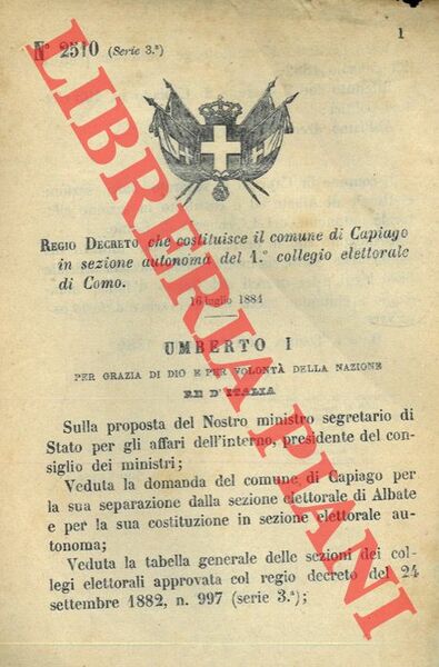 Regio Decreto che costituisce il comune di Capiago in sezione …