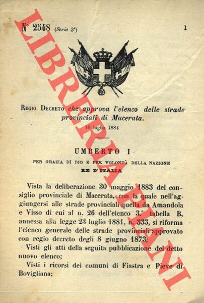 Regio Decreto che approva l'elenco delle strade provinciali di Macerata.