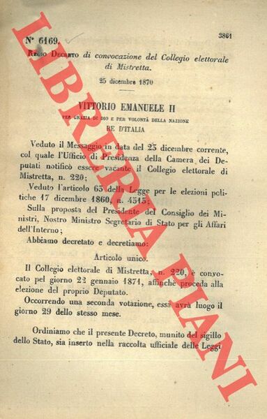 Regio Decreto di convocazione del Collegio elettorale di Mistretta.