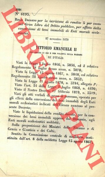 Regio Decreto per la iscrizione di rendite 5 per cento …