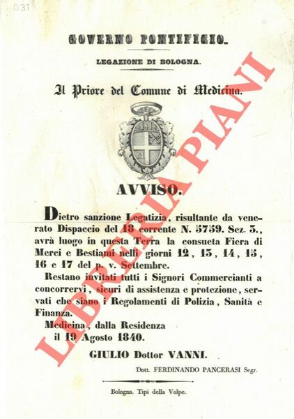 Avviso della consueta fiera di bestiami e merci nella solita …